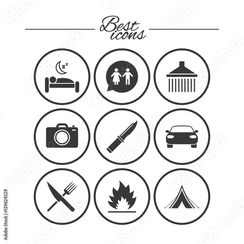 Hiking trip icons. Camping, shower and toilet.