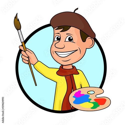 Сheerful artist with a brush and paints a vector illustration.