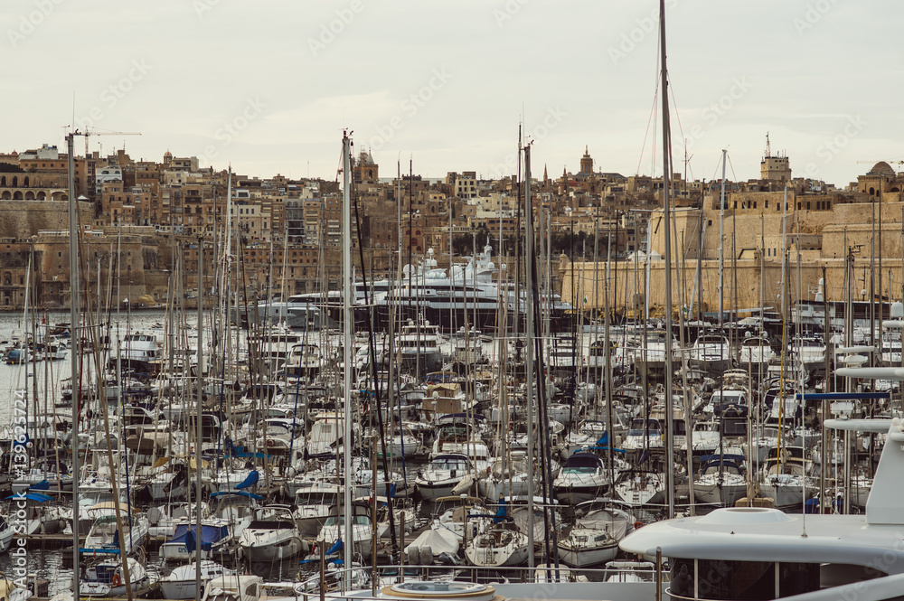 View to marina in Il-Birgu, Fort St. Angelo and Valletta