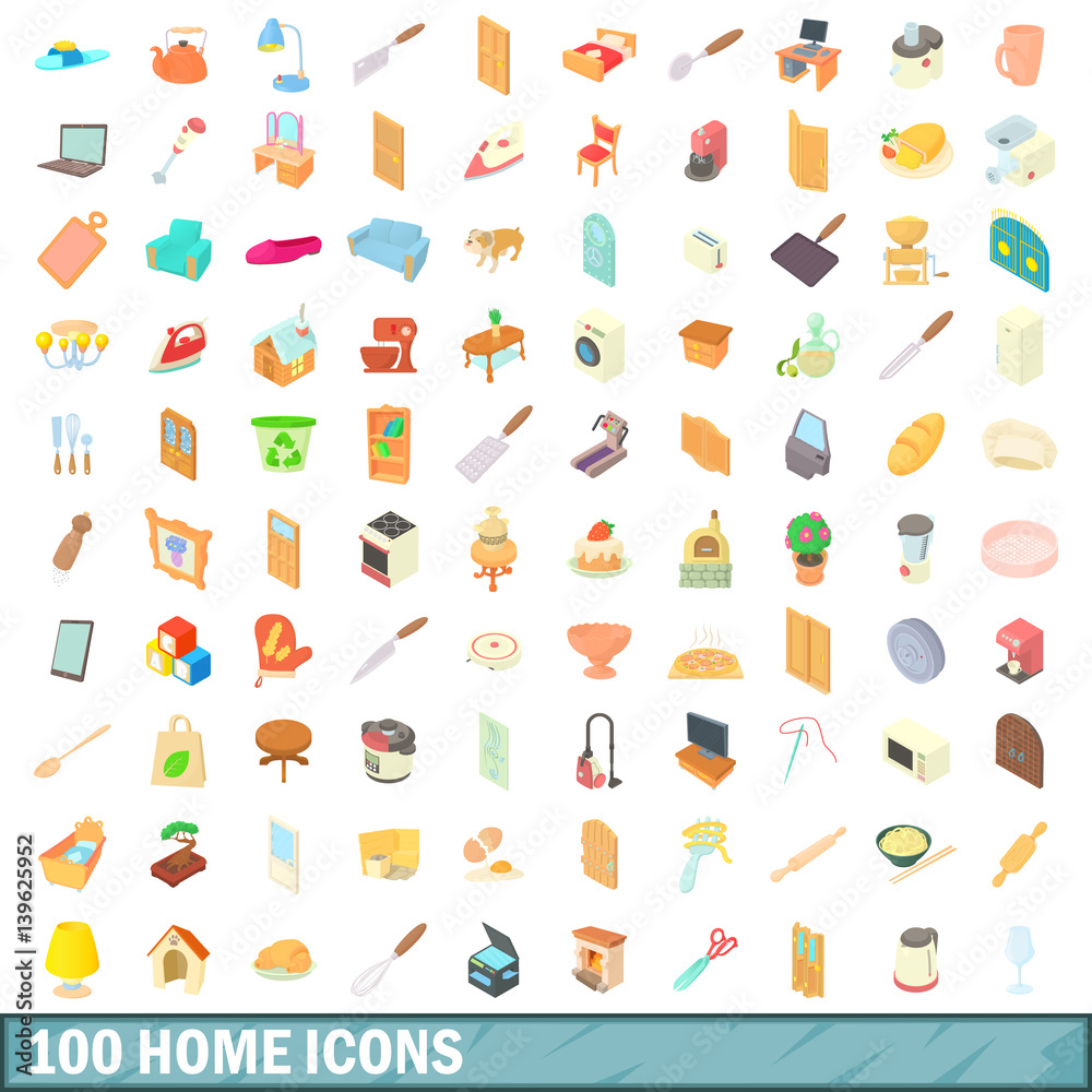 100 home icons set, cartoon style 100 home icons set, cartoon style