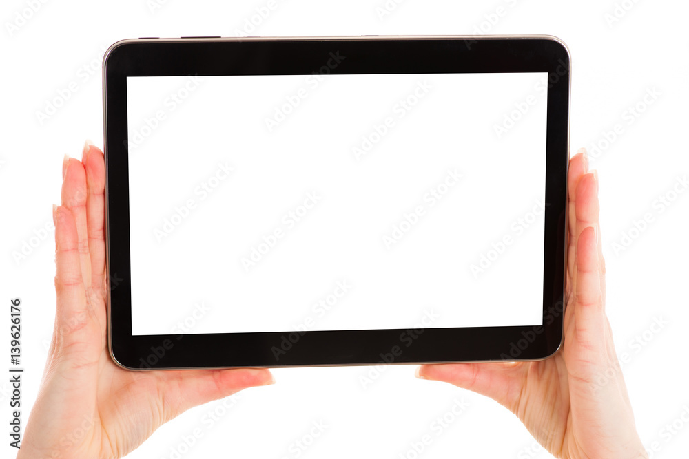 Hands holding tablet with copy space for additional text message Hands holding tablet with copy space for additional text message