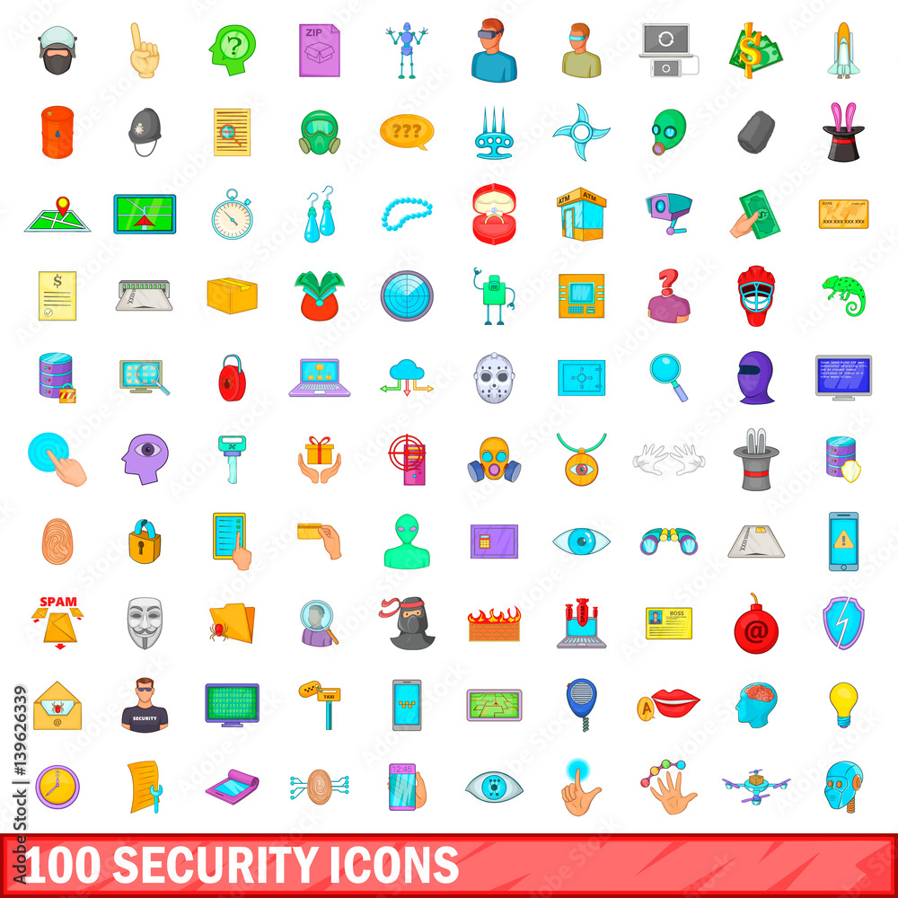 100 security icons set, cartoon style 100 security icons set, cartoon style