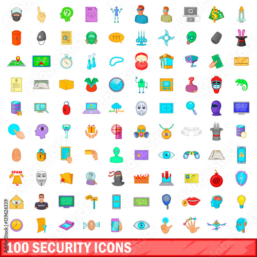 100 security icons set, cartoon style