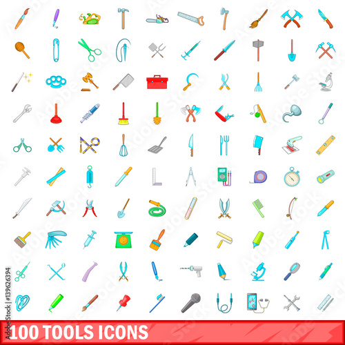 100 tools icons set, cartoon style