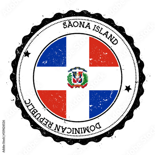Free Download Saona Island flag badge. Vintage travel stamp with circular text, stars and island flag inside it. Vector illustration. - GFXLoad