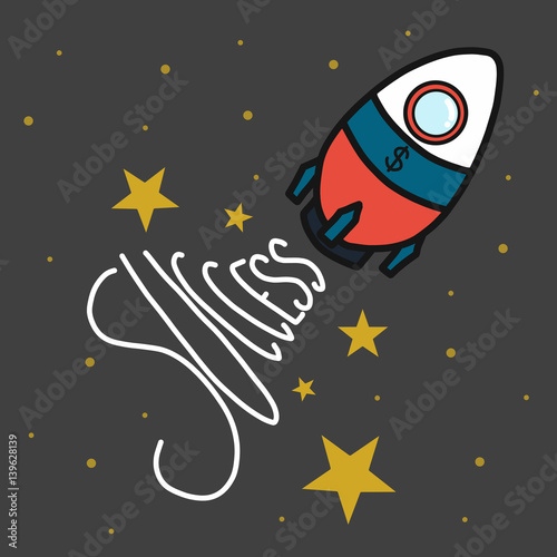 Success word from rocket cartoon vector illustration, business concept
