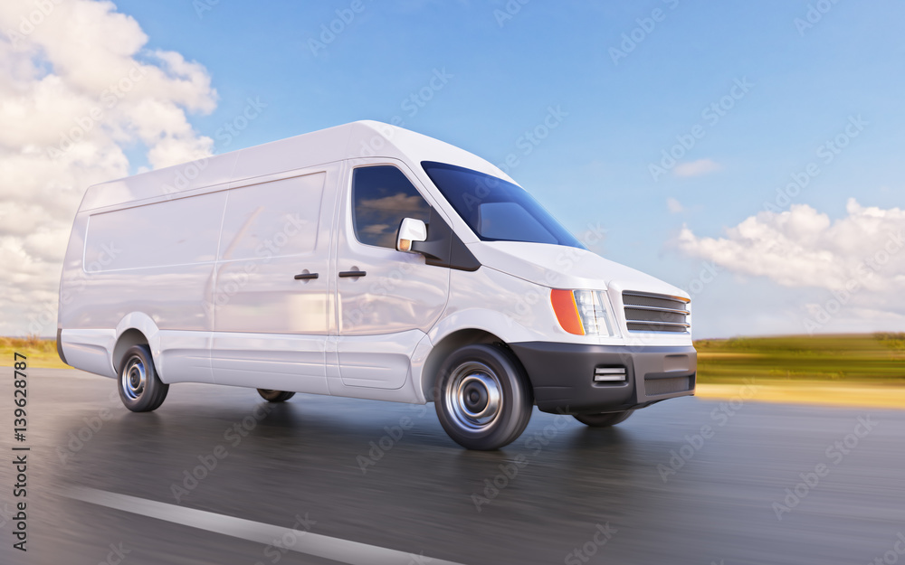 White Commercial Van on the Road Motion Blurred 3d Illustration