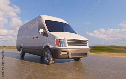 White Commercial Van on the Road Motion Blurred 3d Illustration