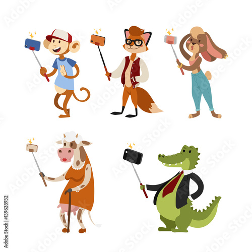Funny picture photographer mamal person take selfie stick in his hand and cute animal taking a selfie together with smartphone camera vector illustration.