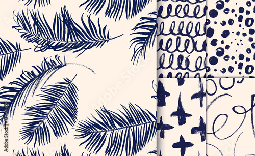701384 Set of blue seamless patterns drawn with dry brush.
