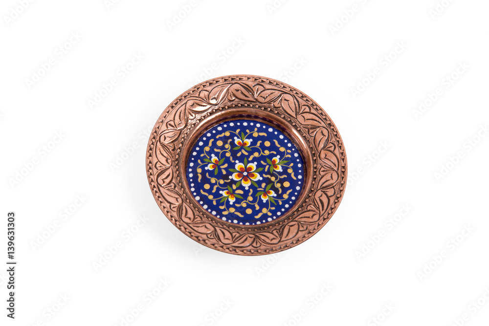 Fototapeta premium Vintage souvenir bronze plate on white background