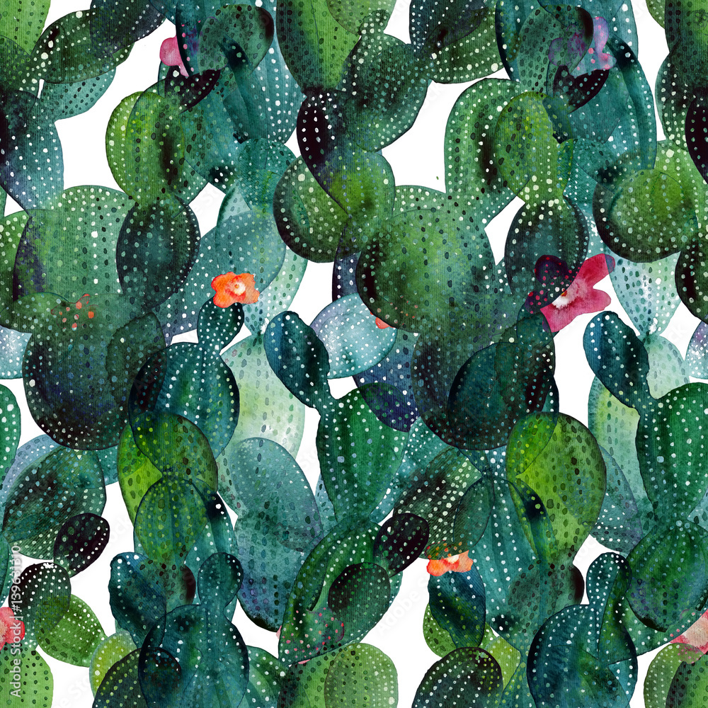 Watercolor cactus tropical garden seamless pattern.