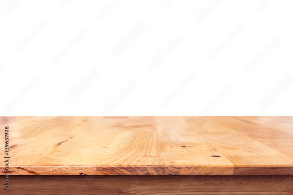 Wood table top on white background