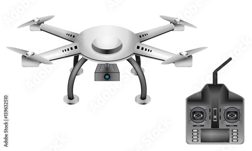 Drone with a video camera. Remote control of quadrocopter.  Front-to-top view, isolated.