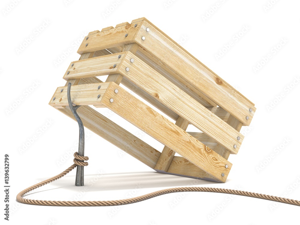 Trap made of wooden crate and rope tide to stick 3D