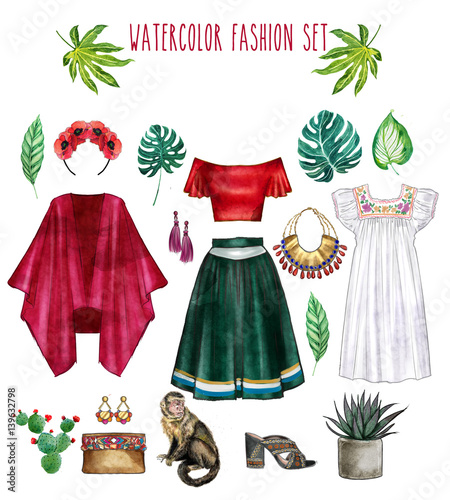 Watercolor digital illustration - watercolor fashion clip art set - Wardrobe essentials - Woman Apparel - Flat fashion sketch photo