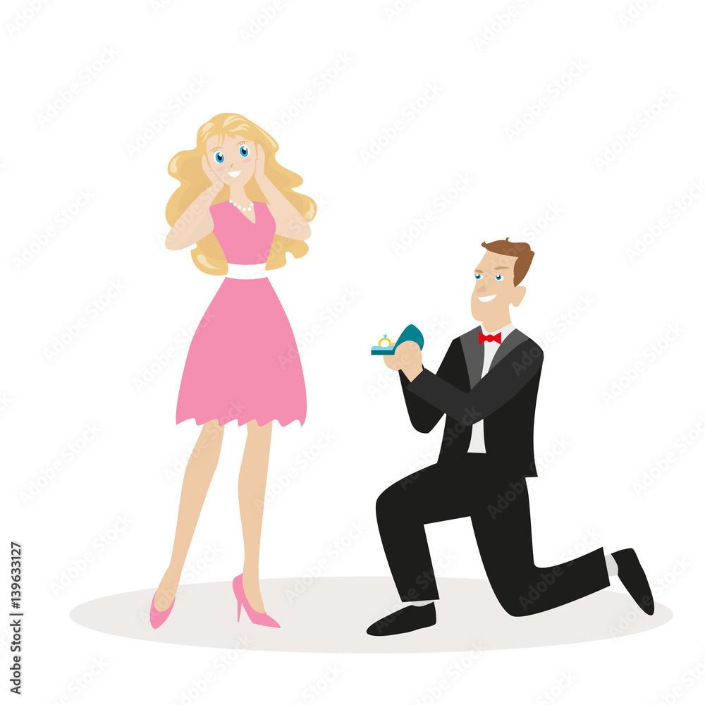 Guy with the ring on his knee makes a proposal to the girl. Flat character isolated on white background. Vector, illustration EPS10. Guy with the ring on his knee makes a proposal to the girl. Flat character isolated on white background. Vector, illustration EPS10.
