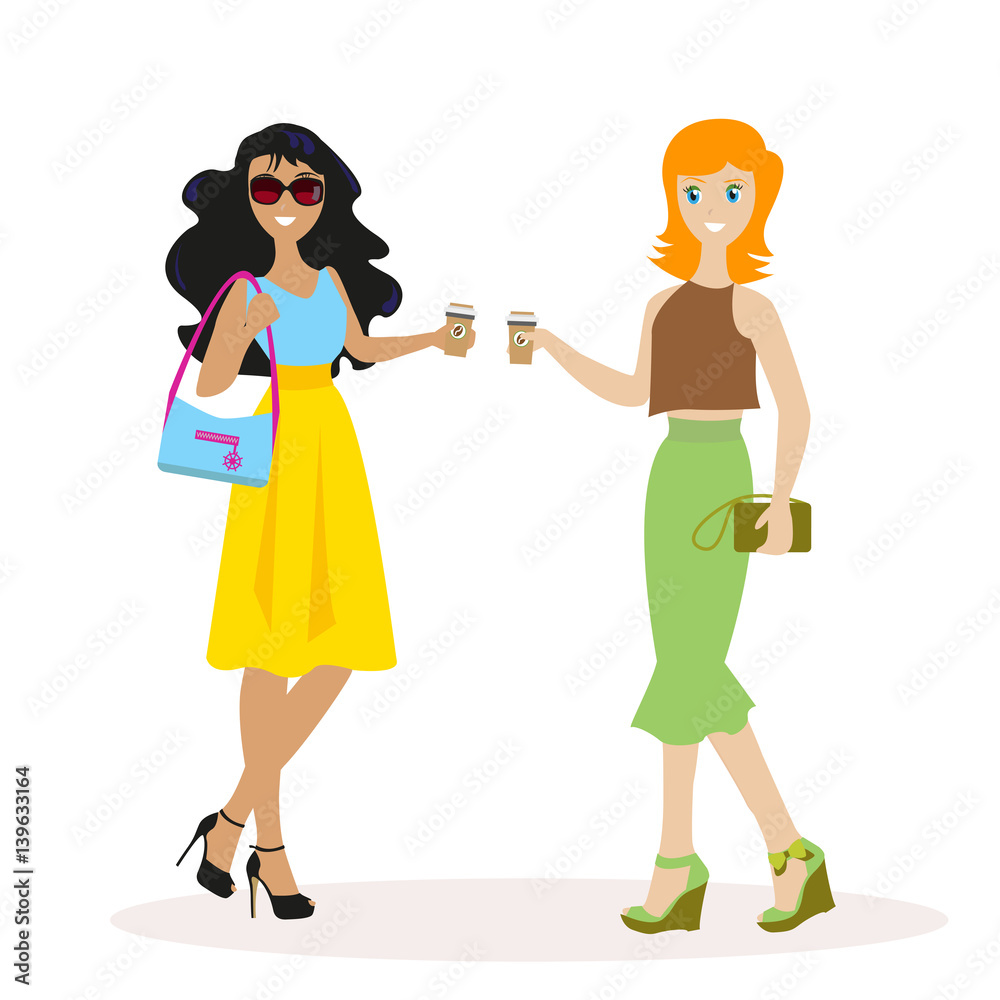 Two friends or colleagues communicate with morning coffee. Flat character isolated on white background. Vector, illustration EPS10.