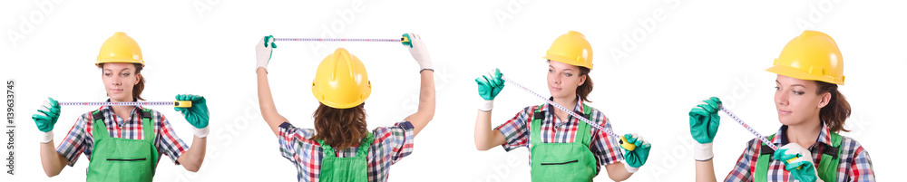 Female workman in green overalls isolated on white