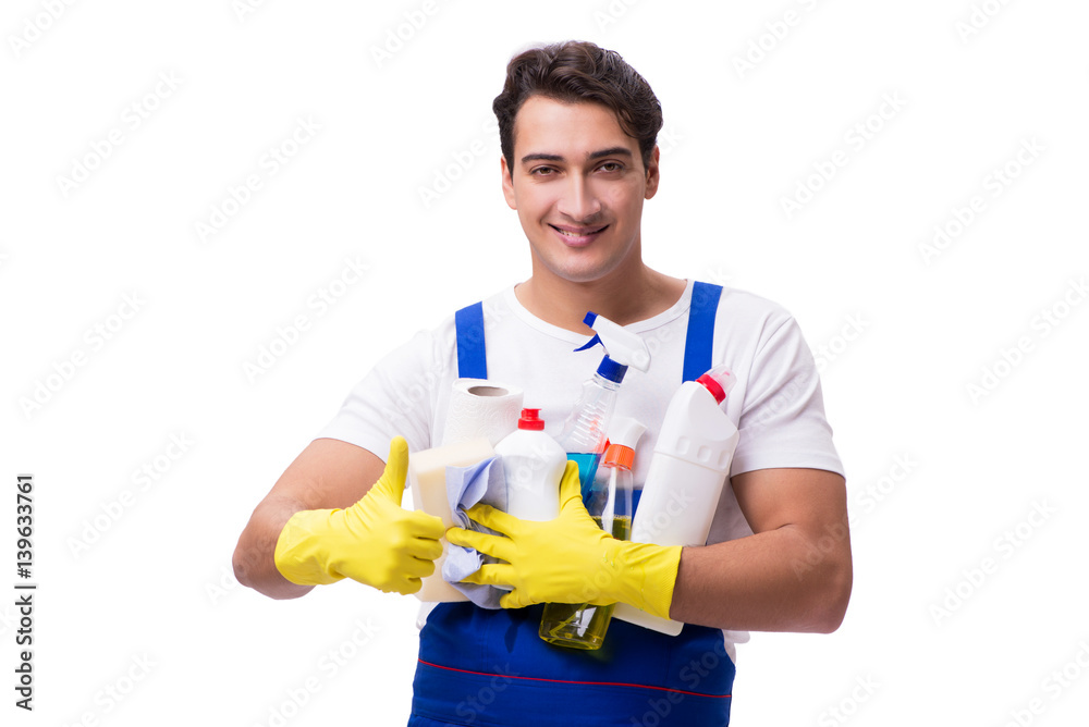 Man with cleaning agents isolated on white background Man with cleaning agents isolated on white background