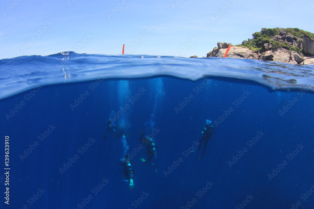 Scuba divers underwater beside tropical island
