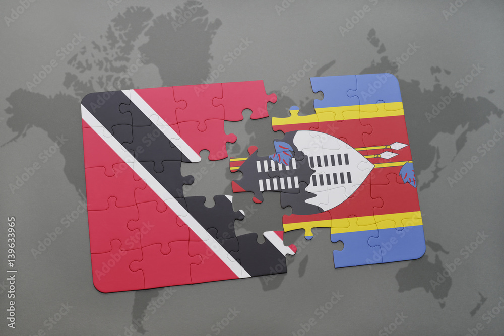 puzzle with the national flag of trinidad and tobago and swaziland on a world map