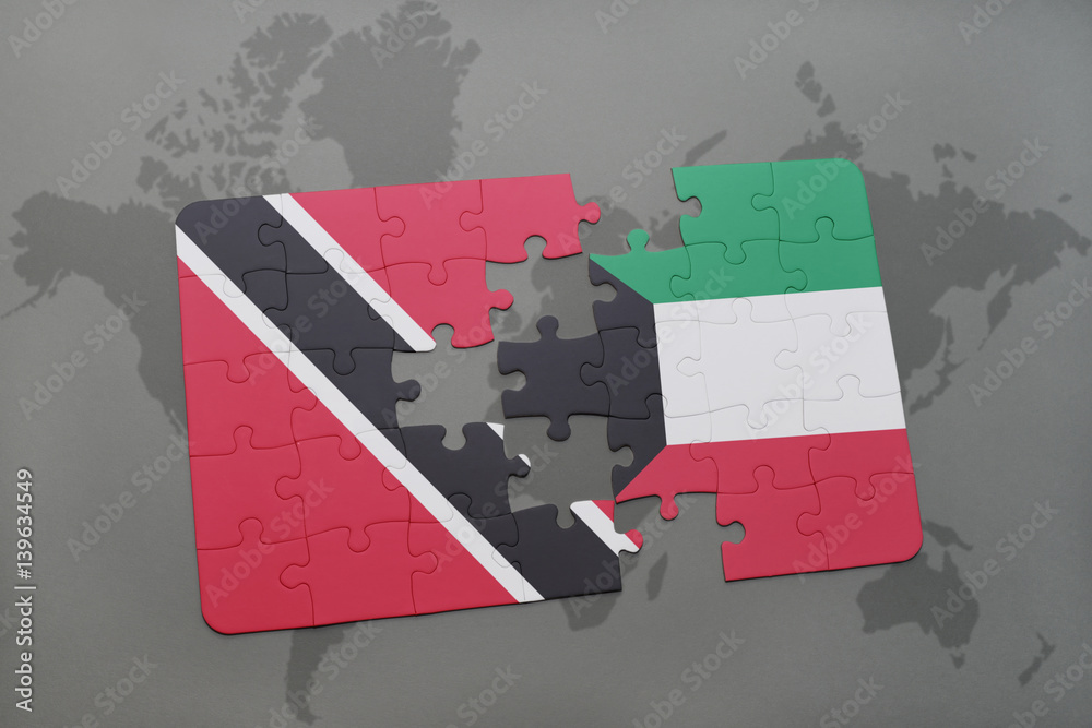 puzzle with the national flag of trinidad and tobago and kuwait on a ...