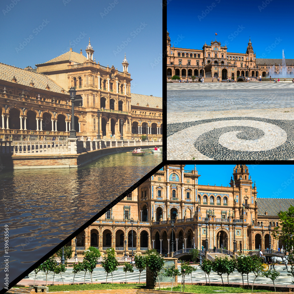 Collage of Plaza de Espana Seville, Andalusia, Spain, 