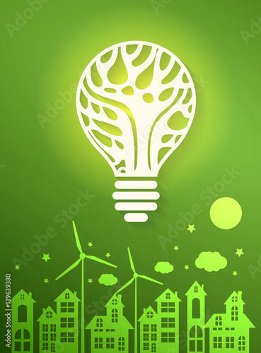 Green eco city with dry tree in light bulb eco concept ,vector illustration