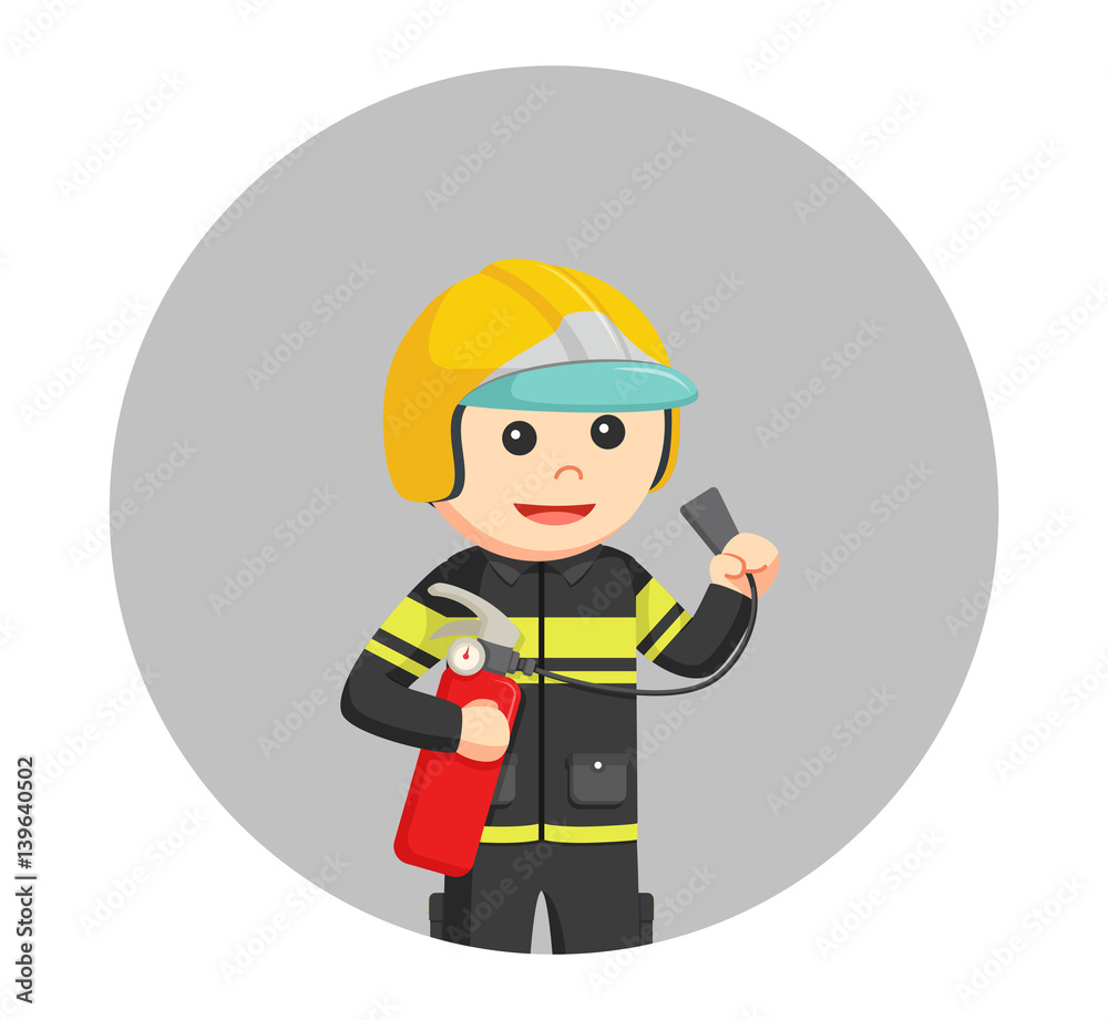 fireman holding fire extinguisher in circle background