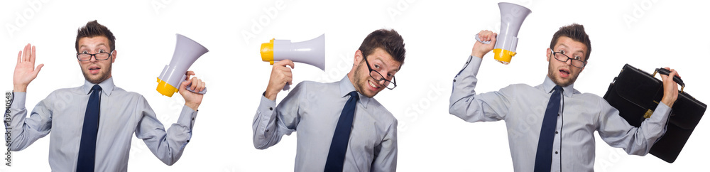 Businessman with loudspeaker isolated on white Businessman with loudspeaker isolated on white