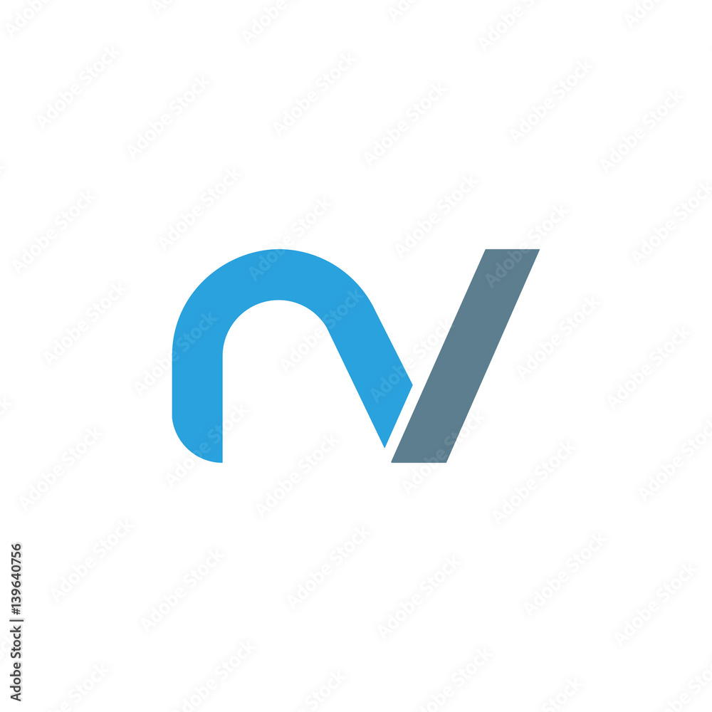 Initial letter nv modern linked circle round lowercase logo blue gray