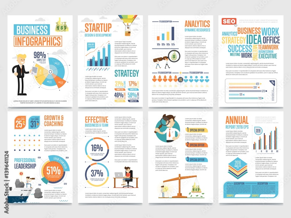 Business infographics banner set with charts vector illustration. Data visualization elements, marketing chart and graph. Business statistics, planning, analytics, startup strategy, coaching, teamwork