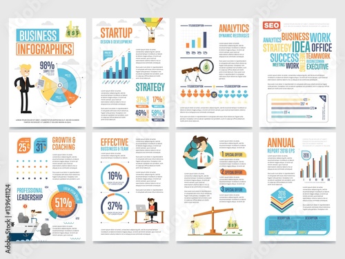 Business infographics banner set with charts vector illustration. Data visualization elements, marketing chart and graph. Business statistics, planning, analytics, startup strategy, coaching, teamwork