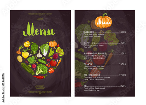 Vegetarian restaurant food menu design vector illustration. Vegan cafe menu, price catalog of vegetarian nutrition, organic food shop, healthy diet retail. Menu card template with vegetable elements