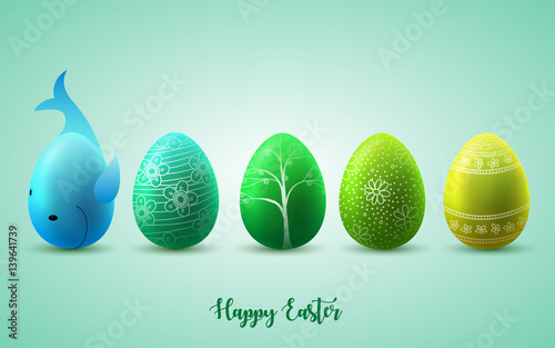 Funny Easter eggs on green sunny background