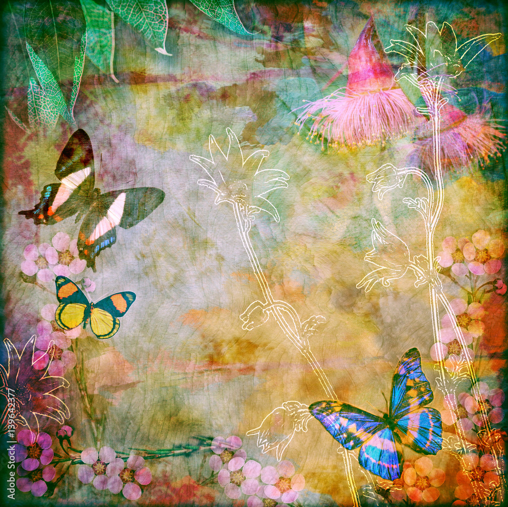Vintage floral background with Australian butterflies. Colourful aged wood textured background. Copy space for text. 