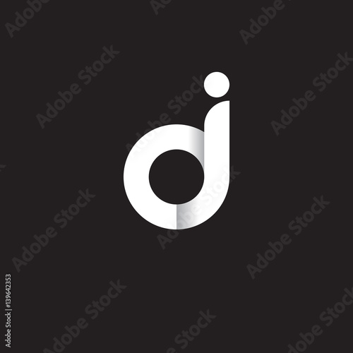 Initial lowercase letter dj, linked circle rounded logo with shadow gradient, white color on black background