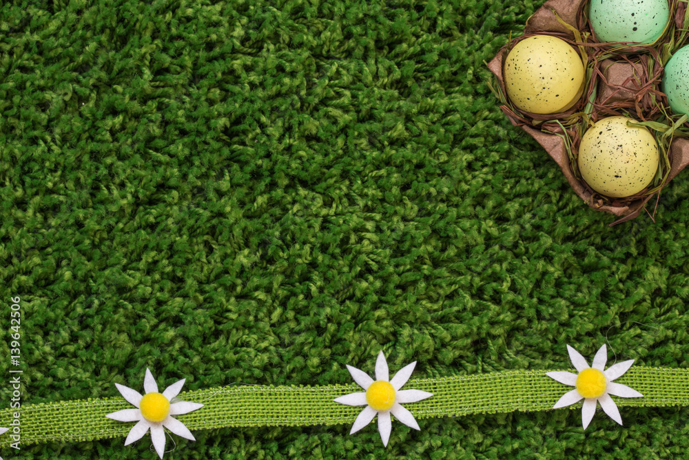 Naklejka premium Easter spring eggs with flowers dasies on green grass