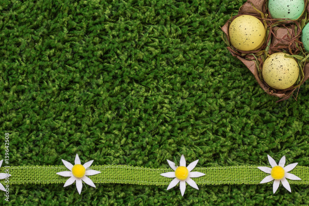 Naklejka premium Easter spring eggs with flowers dasies on green grass