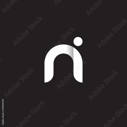 Initial lowercase letter ni, linked circle rounded logo with shadow gradient, white color on black background