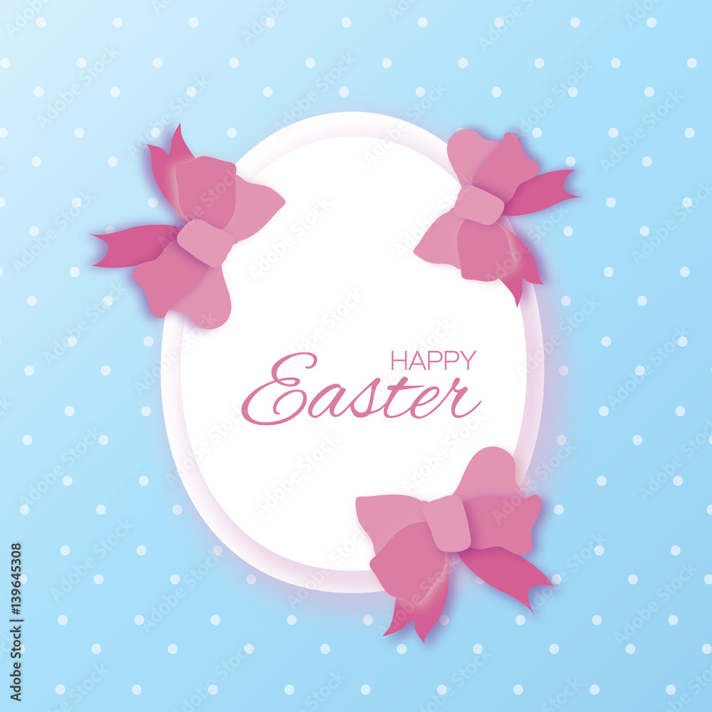 Origami Easter eggs. Paper cut Pink Bow.Happy Easter. Egg Frame.