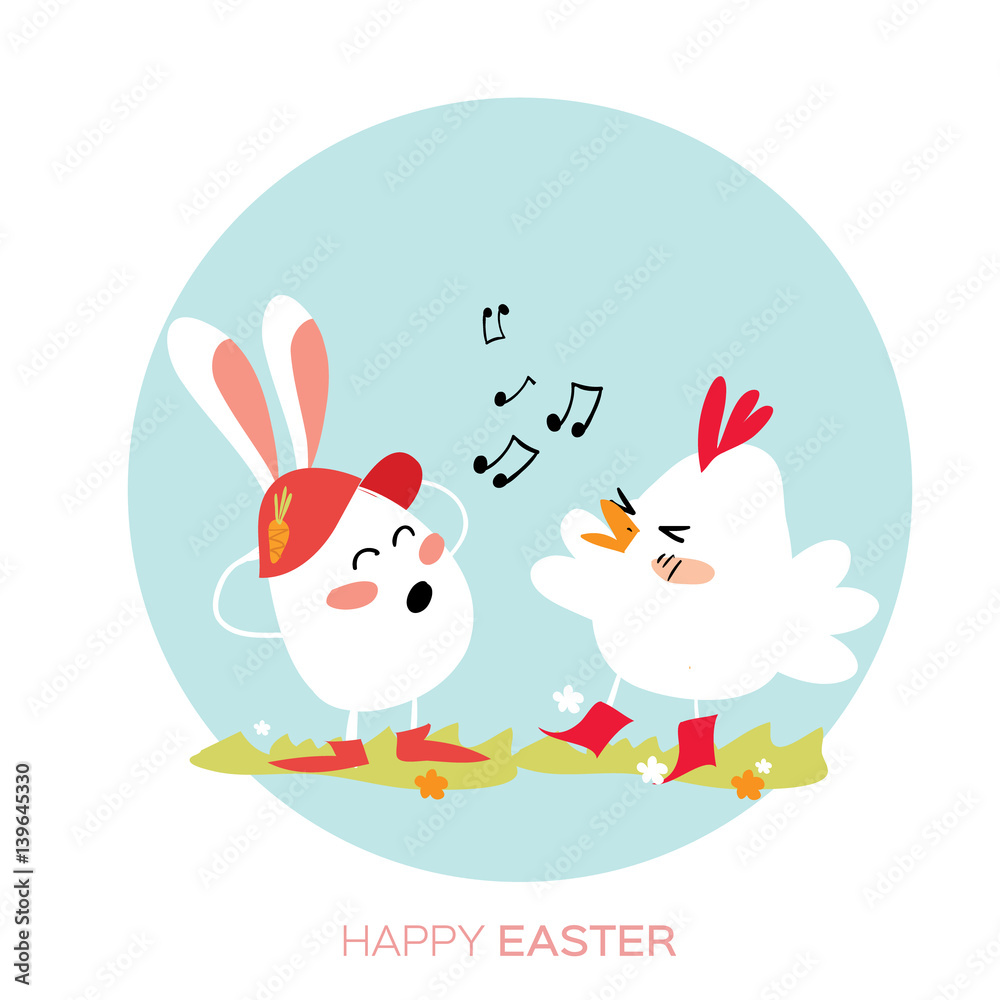 Cute Chick and Bunny singing. Happy Easter
