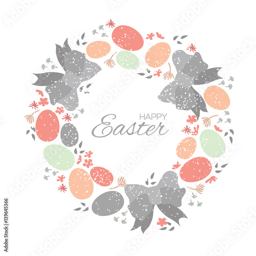 Happy Easter eggs. Wreath. Bow and flowers. Space for text.
