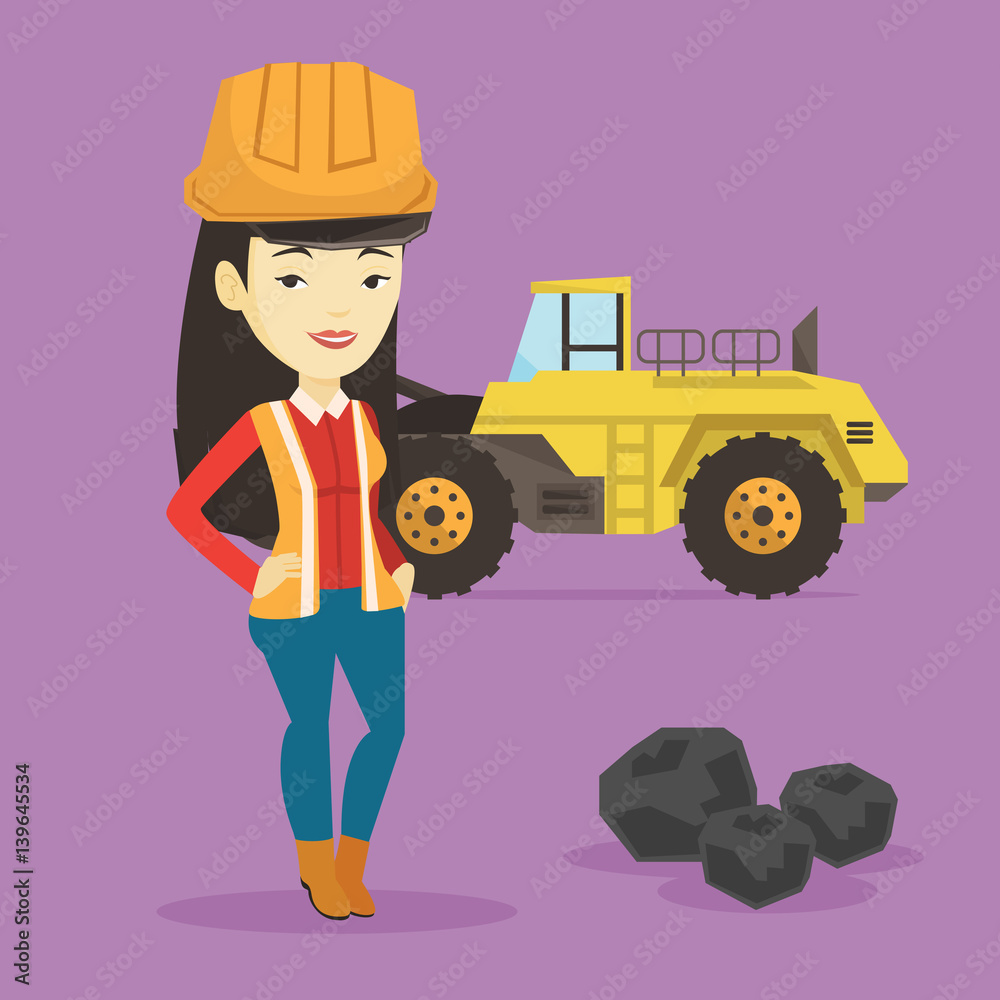 Naklejka premium Miner with a big excavator on background.