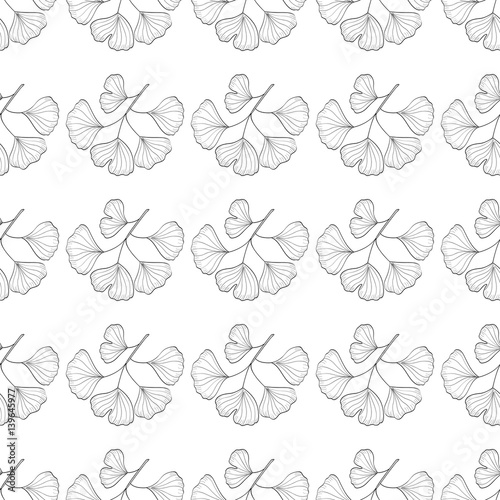 Ginkgo Biloba plant, leaf, branch. Seamless pattern, medicinal plant. Hand drawn sketch illustration. Ingredient for hair and body care cream, lotion, treatment.