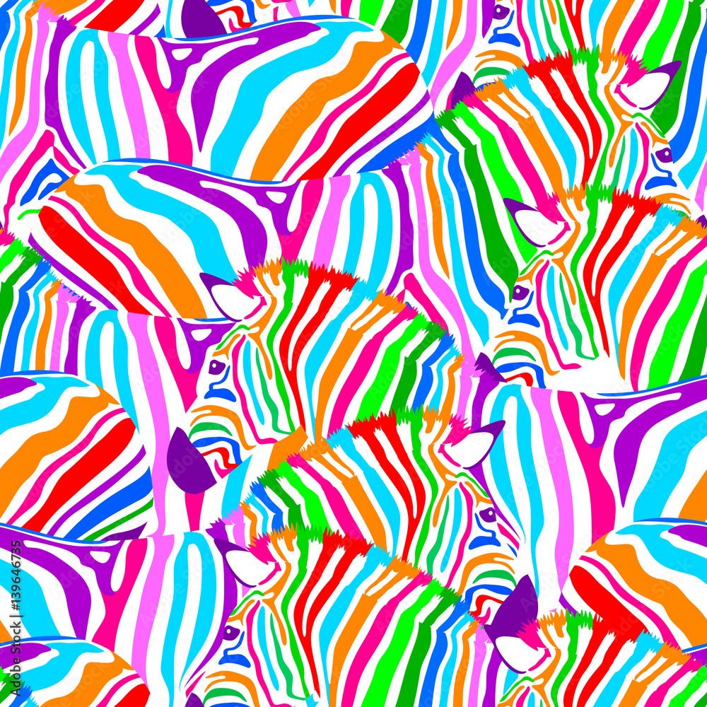 Colorful zebra seamless pattern. Wild animal design trendy fabric texture, illustration.