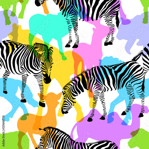 Zebra with colorful silhouette wildlife animals  seamless pattern. Wild animal design trendy fabric texture  illustration.