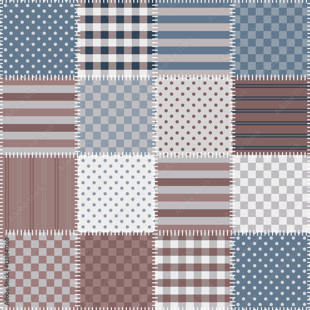 Seamless patchwork background with different patterns. Vector illustration.