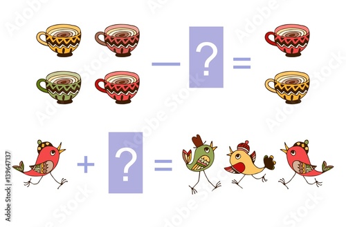 Educational game for children. Cute illustration of mathematical addition and subtraction. Vector image. Examples with tea cups and birds.